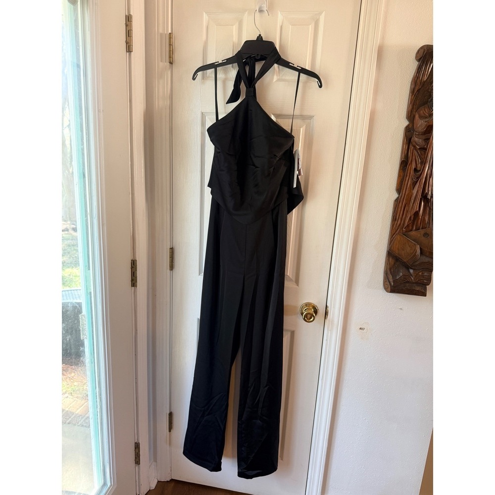 AQUA‎ Black Satin Halter Wide Leg Jumpsuit Exclusive A26681 Womens Size 12